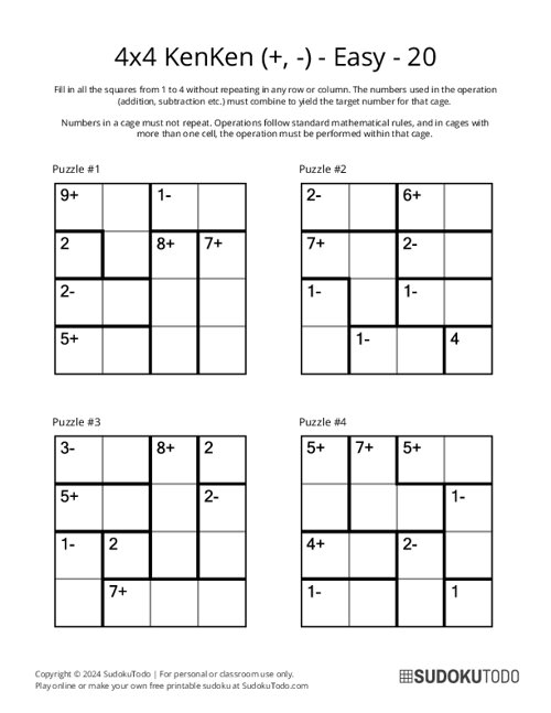 4x4 KenKen (+,-) - Easy - 20