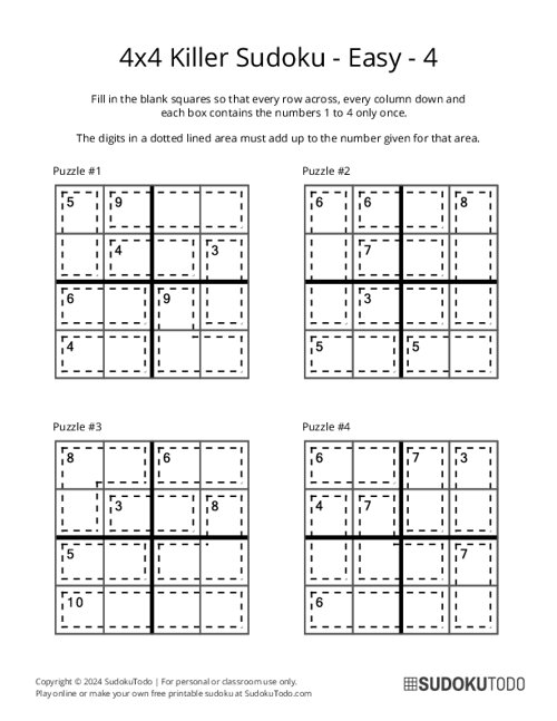 4x4 Killer Sudoku - Easy - 4