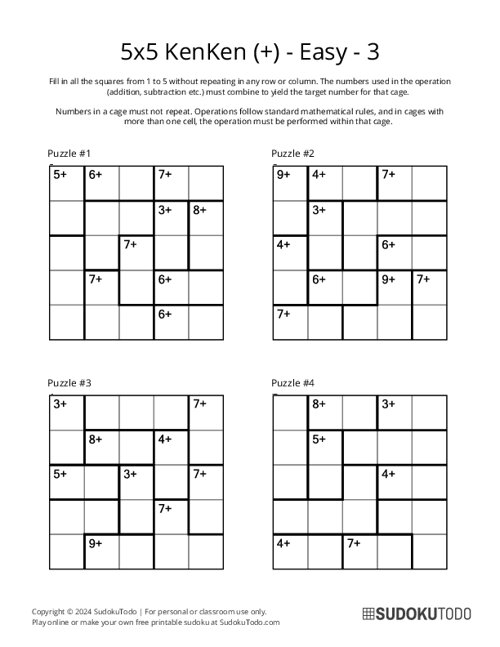 5x5 Easy KenKen Puzzles Printable