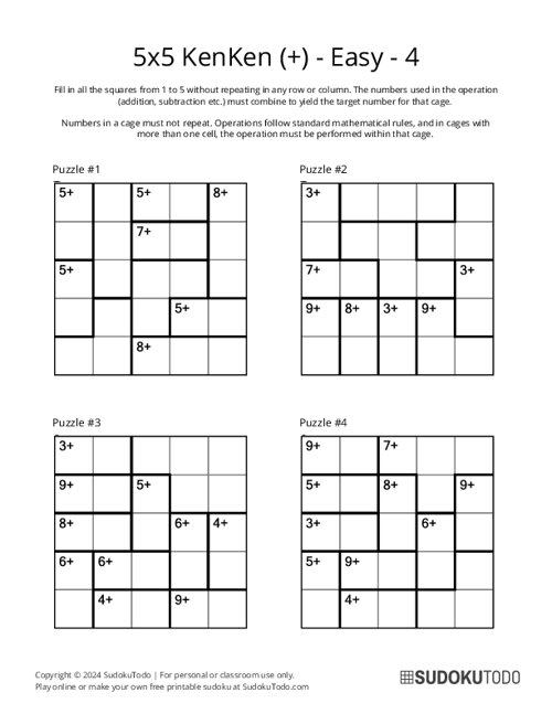5x5 KenKen (+) - Easy - 4