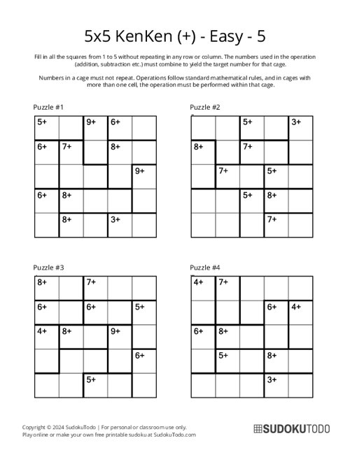 5x5 KenKen (+) - Easy - 5