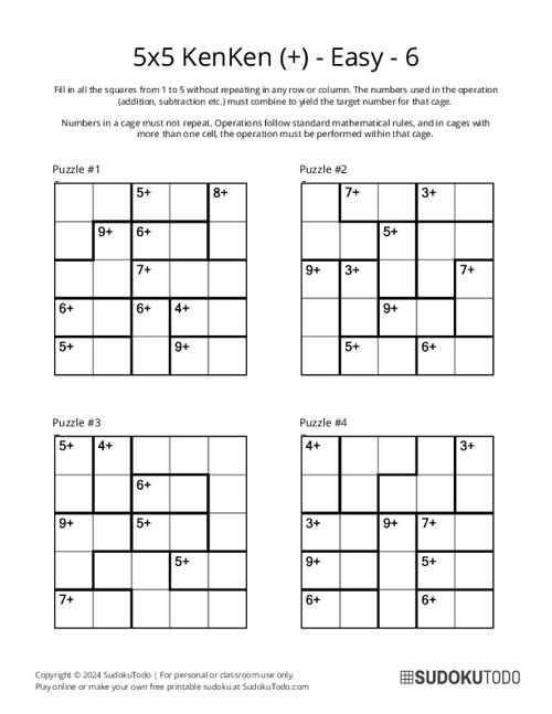 5x5 KenKen (+) - Easy - 6