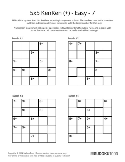 5x5 KenKen (+) - Easy - 7