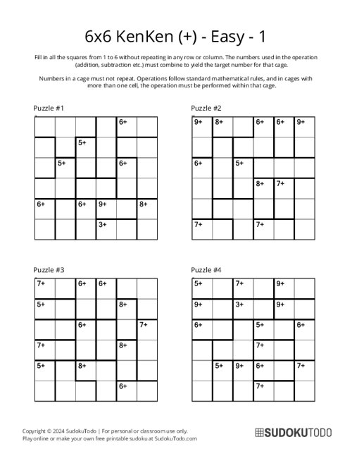 Printable 6x6 Easy KenKen Puzzles