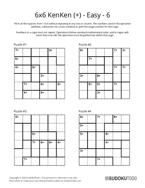 Printable 6x6 Easy KenKen Puzzles