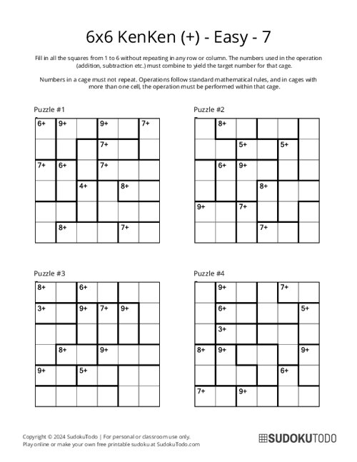 6x6 KenKen (+) - Easy - 7