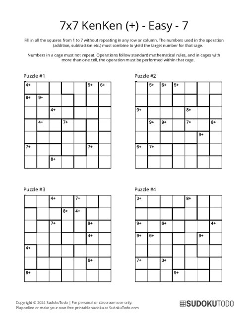 7x7 KenKen (+) - Easy - 7