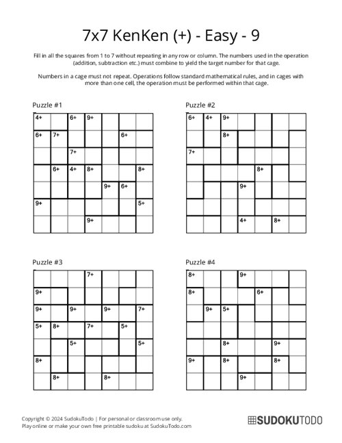 7x7 KenKen (+) - Easy - 9