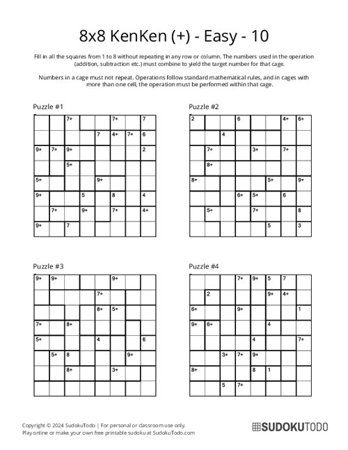 8x8 Easy KenKen Puzzles Printable