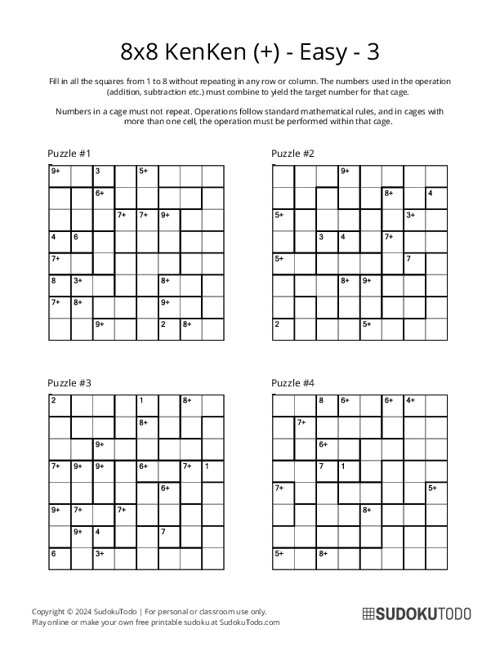 8x8 KenKen (+) - Easy - 3