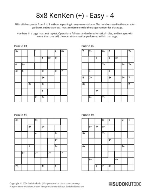 8x8 KenKen (+) - Easy - 4