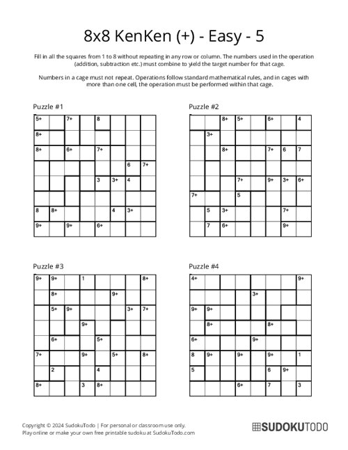 8x8 Easy KenKen Puzzles Printable