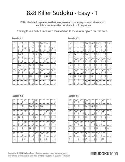 8x8 Killer Sudoku - Easy - 1