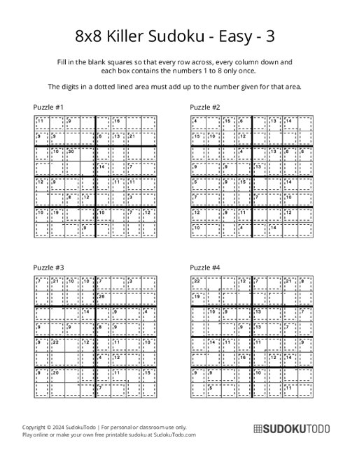 8x8 Killer Sudoku - Easy - 3