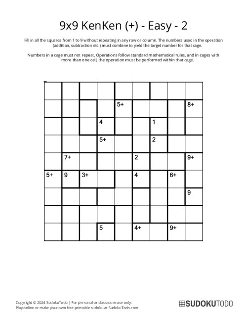 Printable 9x9 Easy KenKen Puzzles