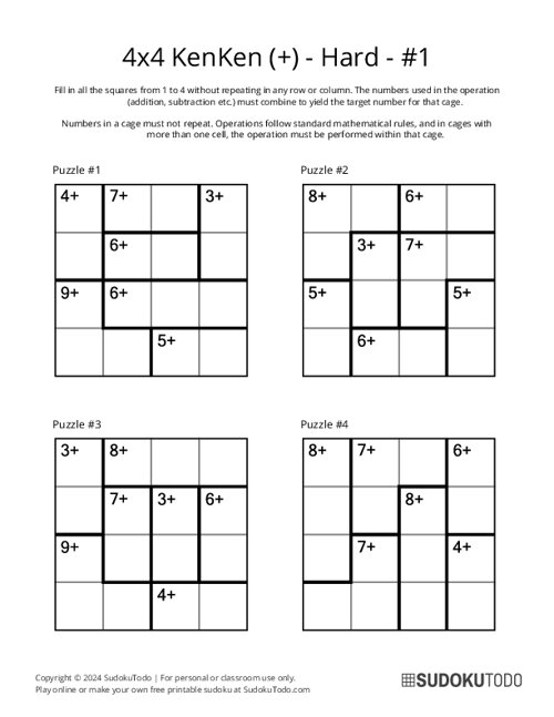 4x4 KenKen (+) - Hard - 1