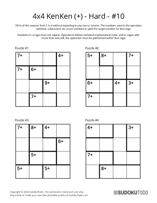 4x4 KenKen (+) - Hard - 10