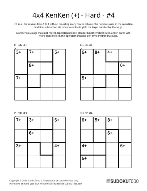 4x4 KenKen (+) - Hard - 4