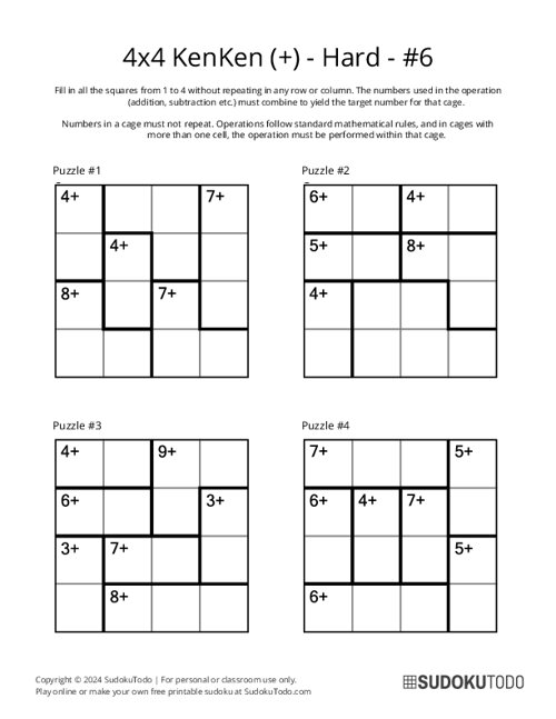 4x4 KenKen (+) - Hard - 6