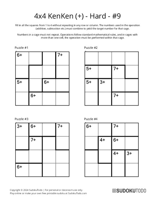 4x4 KenKen (+) - Hard - 9