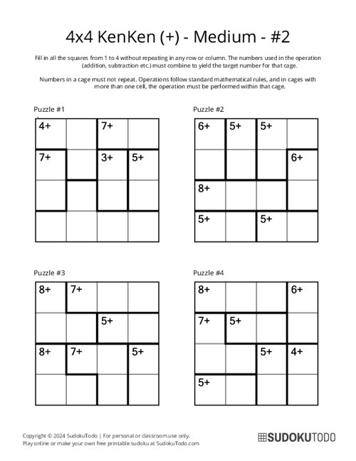 4x4 KenKen (+) - Medium - 2