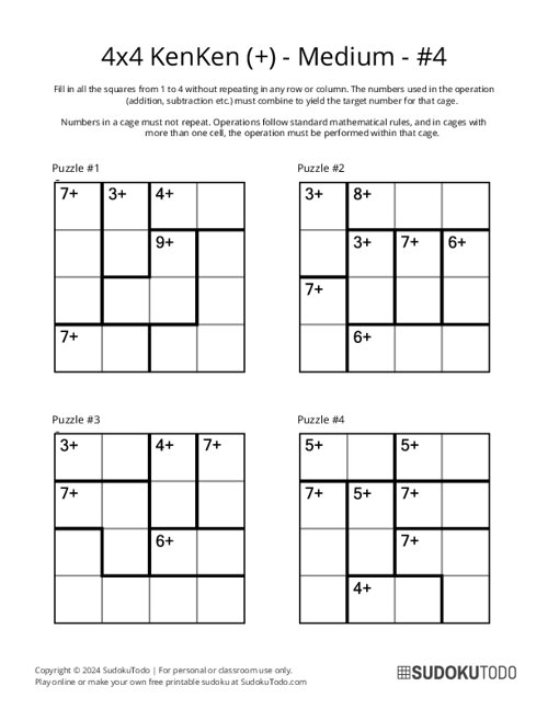 4x4 KenKen (+) - Medium - 4