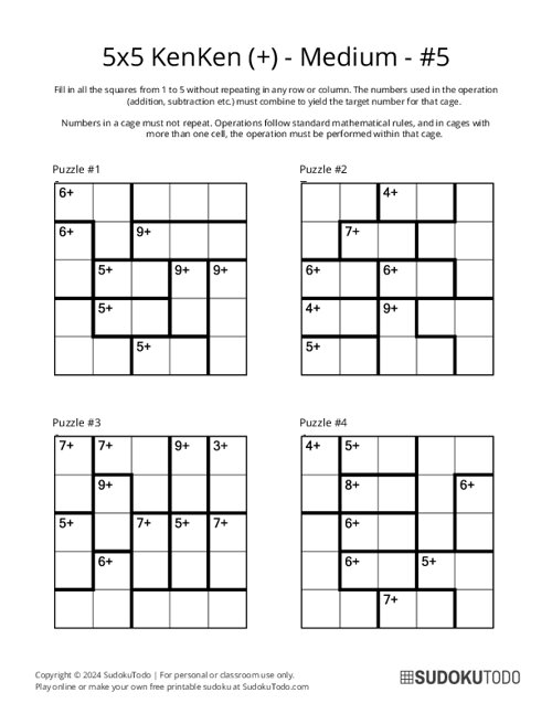 5x5 KenKen (+) - Medium - 5