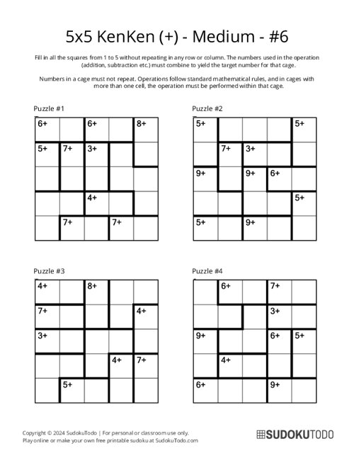 5x5 KenKen (+) - Medium - 6