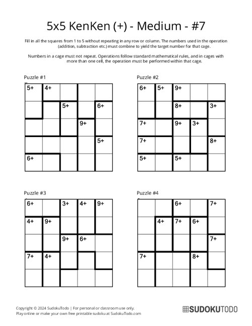 5x5 KenKen (+) - Medium - 7