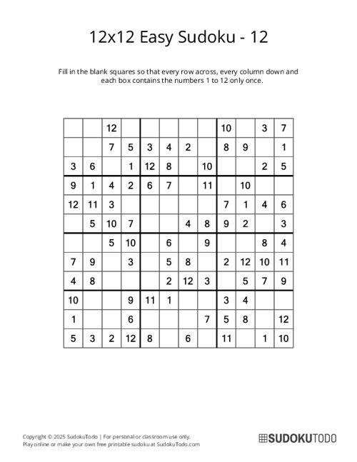 12x12 Sudoku - Easy - 12