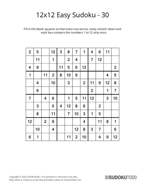 12x12 Sudoku - Easy - 30