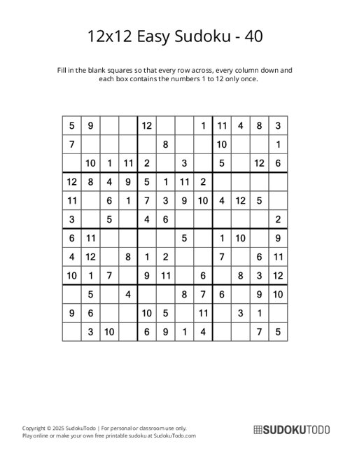 12x12 Sudoku - Easy - 40