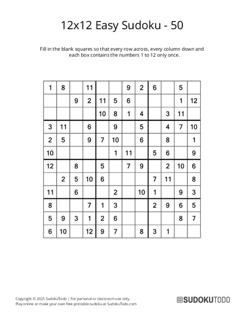 12x12 Sudoku - Easy - 50