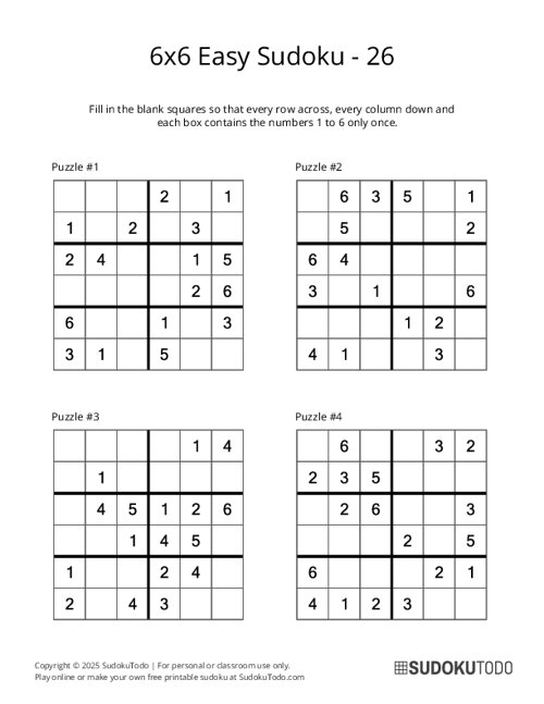 6x6 Easy Sudoku Puzzles Printable 6x6 Easy Sudoku Puzzles Printable