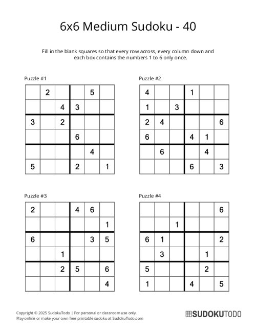 6x6 Sudoku - Medium - 40