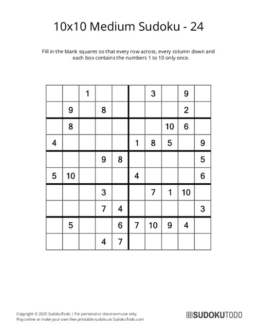 10x10 Sudoku - Medium - 24