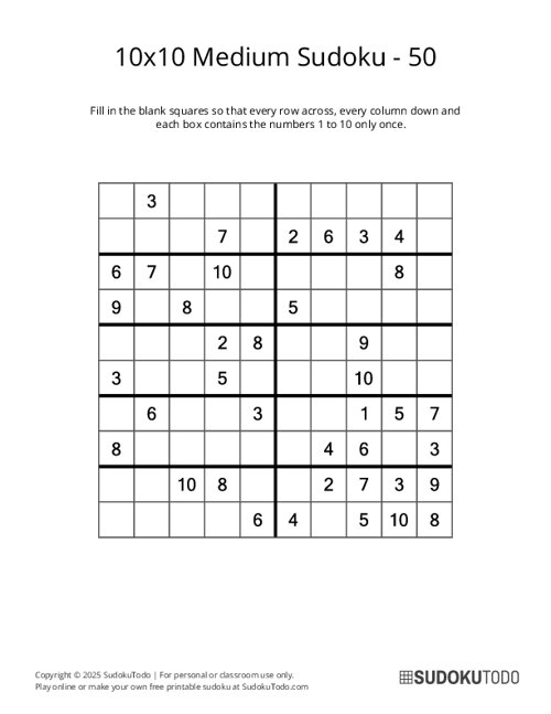 10x10 Sudoku - Medium - 50