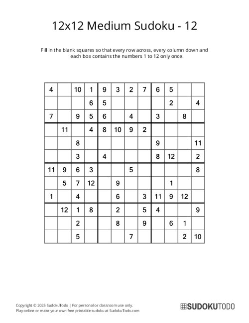 12x12 Sudoku - Medium - 12