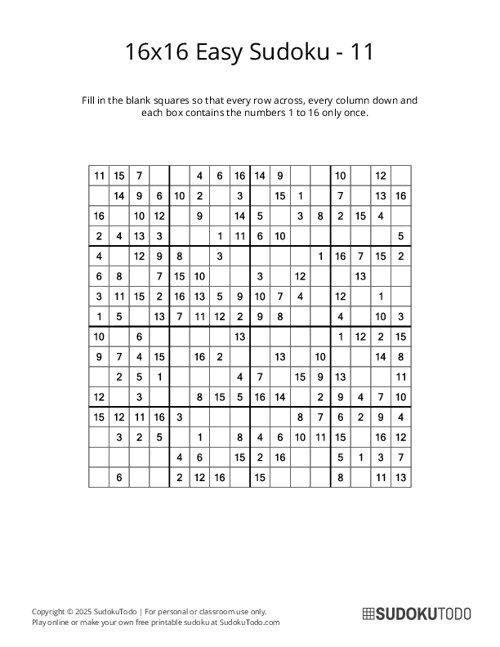 16x16 Sudoku - Easy - 11