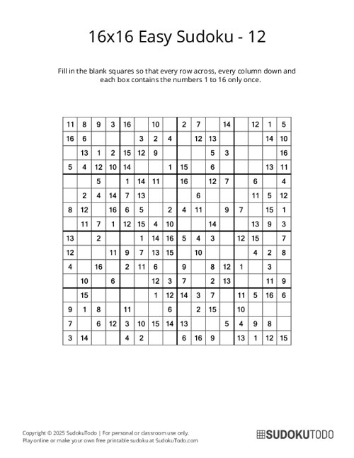 16x16 Sudoku - Easy - 12