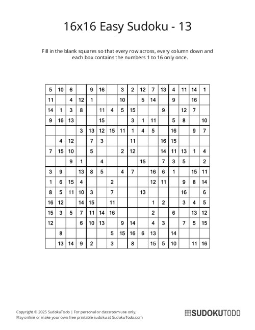 16x16 Easy Sudoku Puzzles Printable