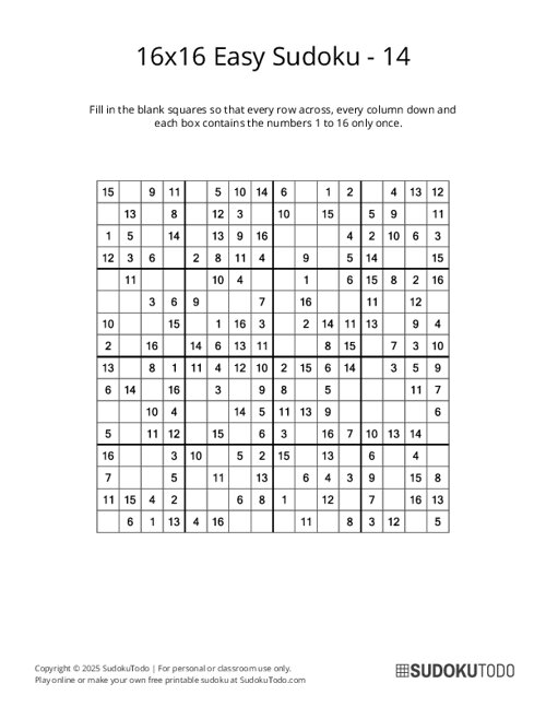 16x16 Sudoku - Easy - 14