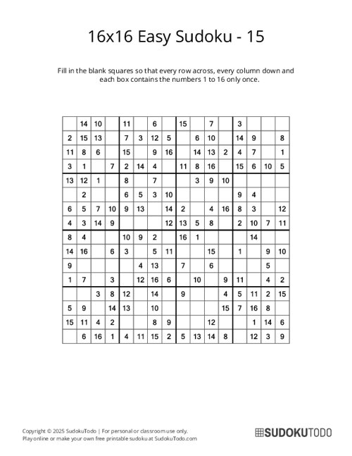 16x16 Sudoku - Easy - 15