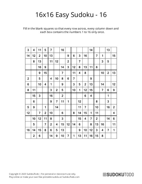 16x16 Sudoku - Easy - 16