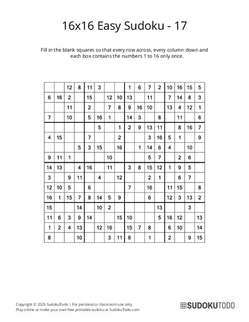 16x16 Sudoku - Easy - 17