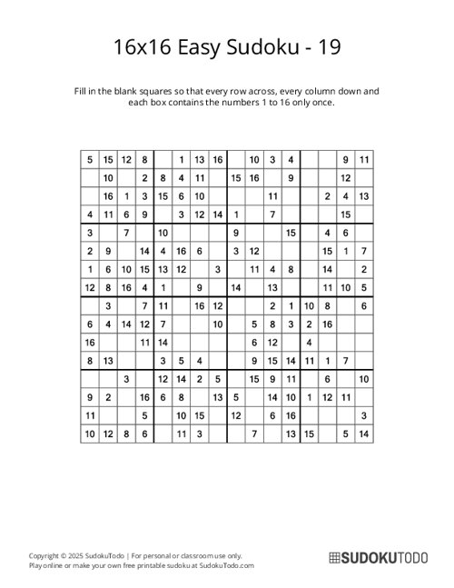 16x16 Sudoku - Easy - 19