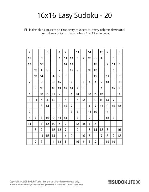 16x16 Sudoku - Easy - 20