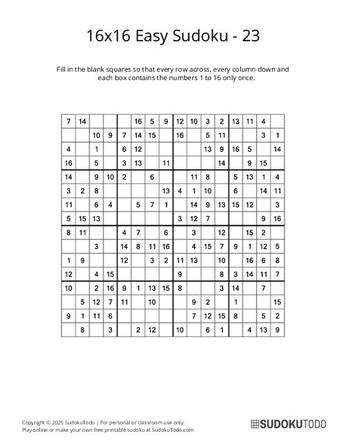 16x16 Sudoku - Easy - 23