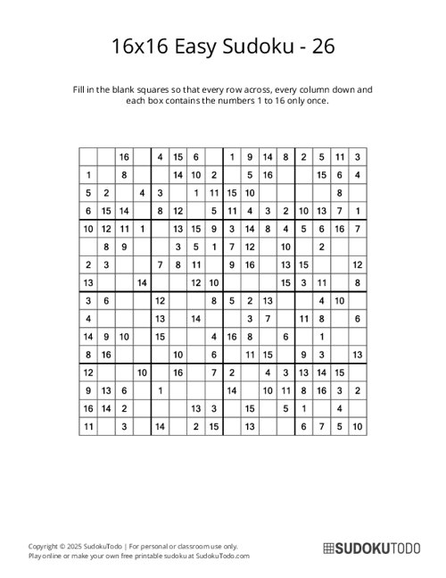 16x16 Sudoku - Easy - 26