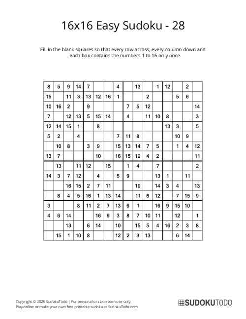 16x16 Sudoku - Easy - 28